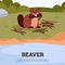 Cute beaver eating tree trunk, poster with text, cartoon flat vector illustration.