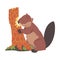 Cute Beaver Gnawing Old Tree Trunk, Brown Rodent Wild Mammal Animal Cartoon Vector Illustration