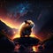 Cute beaver sitting on a rock in a starry night. generative AI