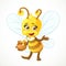 Cute bee with a clay pot full of honey and says something stand on white background