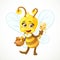 Cute bee with a clay pot full of honey and wooden dipper stand on white background