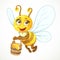 Cute bee flies with wooden bucket full of honey
