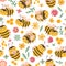 Cute bee pattern. Bees and flowers, cartoon flying insects. Art textile print, adorable spring summer floral exact