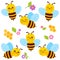 Cute bees collection. Cute cartoon bees making honey in the garden in springtime. Vector illustration