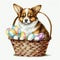 cute begle dog in easter basket, watercolor, illustration ,clipart, isolated on white background