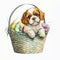 cute begle dog in easter basket, watercolor, illustration ,clipart, isolated on white background