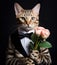 Cute bengal cat with a bouquet of flowers on a black background