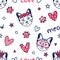 Cute Bengal cat head outline seamless pattern background with hearts, paw prints. Doodle tabby cat kitten background.