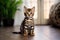 Cute bengal kitten sitting on the floor at home, Cute little Bengal kitten sitting on the floor at home, AI Generated