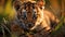 Cute Bengal tiger staring, hiding in tranquil rainforest generated by AI