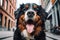 Cute bernese mountain dog at city. Generate Ai