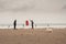 Cute big dog on a beach, Surfers in the background out of focus. Outdoor activity. Animal care and life guard. Strandhill, county