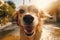 Cute big happy smiling laughing wet muzzle Golden Retriever dog enjoying looking walk rain outside. Funny pet portrait