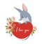 Cute bilby with heart and flowers. Australian animal. Valentine greeting card I love you. Vector illustration in flat