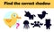 Cute bird: duck. Find the correct shadow educational game for kids. Children entertainment learning preschool game. Funny cartoo