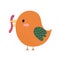 Cute bird eating a worm in cartoon style. Funny character with earthworm in its beak