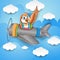 Cute bird flying around the sky with plane, wallpaper, kids t shirt design, cartoon illustration