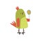 Cute Bird with Lollipop, Funny Birdie Cartoon Character with Bright Green Feathers Vector Illustration