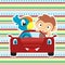 Cute bird and monkey travelling with red car cartoon vector illustration