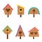 Cute birdhouses on white background in cartoon style.