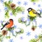 Cute birds, christmas tree branches, snowfall. Seamless christmas pattern. Winter watercolor