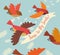 Cute birds flying south for the winter. Vector Illustration for autumn and winter travel