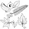 Cute birds holding dry Autumn leaves. Vector black and white coloring page