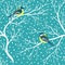 Cute birds titmouse parus on snowy trees seamless pattern