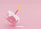 Cute birthday cake 3d rendering pink color with a candle, minimal sweet cake for a surprise birthday, mother`s Day, Valentine