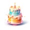 A cute Birthday cake with pastel colored cream and candles, clipart on white background, generative AI