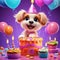 Cute Birthday dog. Illustration AI Generative