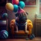 Cute Birthday Dog Sitting on Chair with Balloons. Generative AI