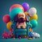 Cute Birthday Dog Sitting on Chair with Balloons. Generative AI