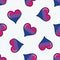 Cute bisexual heart cartoon seamless vector pattern. Hand drawn isolated pride flag for LGBTQ blog. Gay love on stripe