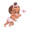 Cute black baby girl crawling. Watercolor cartoon illustration of toddler in pink.