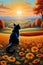 A cute black cat in acrylic painting art, sitting at a whimsical field, in sunset time, autumn, flower, digital art