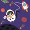 Cute black cat astronaut in a space suit hand drawn vector illustration. With a flag in his paws