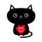 Cute black cat icon holding red heart. Miss you. Funny cartoon character. Kawaii animal. Kitty kitten. Baby pet collection. White