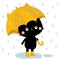 Cute black cat kitty kitten with yellow umbrella ears, boots. Rain drops. Cute cartoon kawaii baby character. Autumn icon for