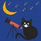 Cute black cat looks at the moon through a telescope on a cosmic blue background