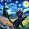 A cute black cat in a meadow, with flower, moonlit, twinkling starry night, anime art, Van Gogh painting, tree, nature view