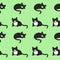 Cute black cat is sleeping and purring on a green background. Seamless pattern.