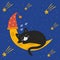 Cute black cat sleeps on the moon. On a cosmic blue background.