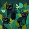 Cute black cats, 2d, illustration, vector, flat colors sticker, cartoon style, dark green leaves background