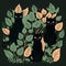 Cute black cats, 2d, illustration, vector, flat colors sticker, cartoon style, dark green leaves background