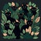 Cute black cats, 2d, illustration, vector, flat colors sticker, cartoon style, dark green leaves background