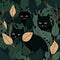 Cute black cats everywhere, 2d illustration , clean vector line, flat colors sticker, cartoon style, dark green leaves background