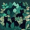 Cute black cats everywhere, 2d illustration , clean vector line, flat colors sticker, cartoon style, dark green leaves background