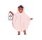 Cute black child disguised in carnival costume of ghost, holding lantern. Happy boy in Halloween cape with hood. Kid in