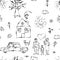 Cute black child`s hand drawn objects like family, flowers, house, grass, tree, sun and cat, seamless pattern